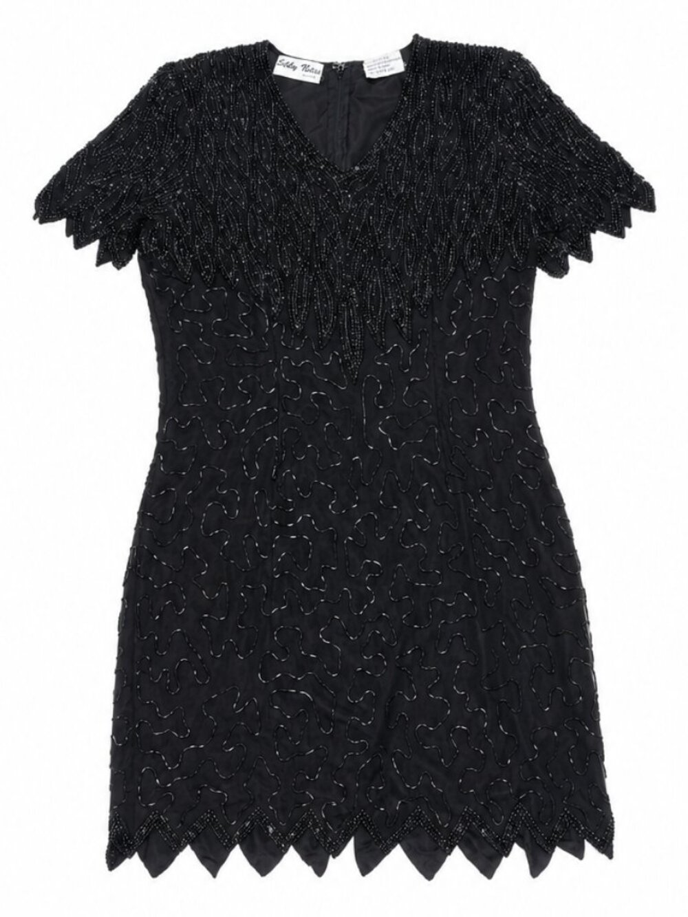 Silky Nites Art Deco Beaded Silk Cocktail Dress Women's Black Vintage S/M